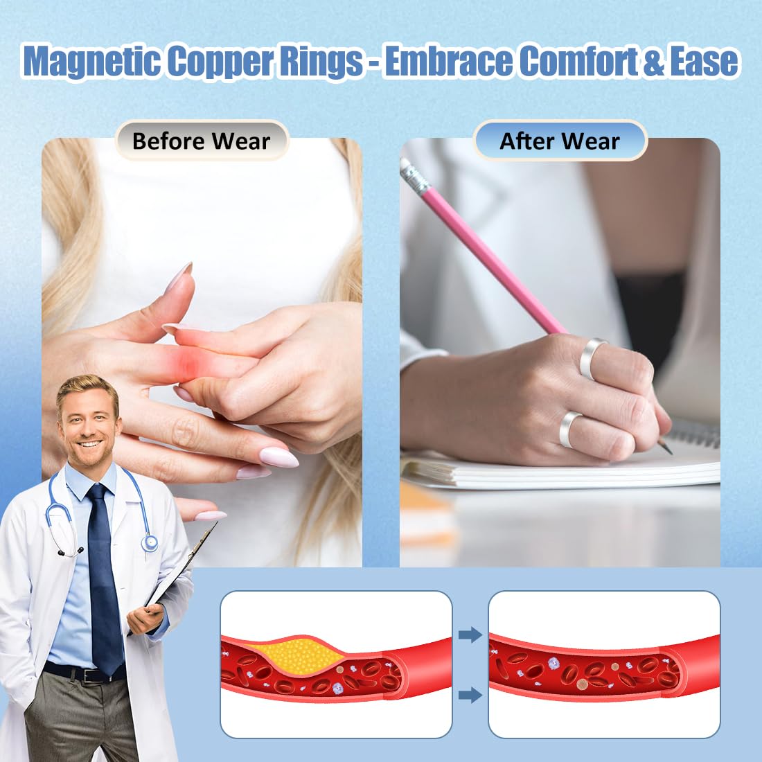 Vicmag 2PCS Magnetic Copper Rings for Women & Men,99.99% Pure Copper Ring with 9X Magnets Gift Adjustable(9X Silver)