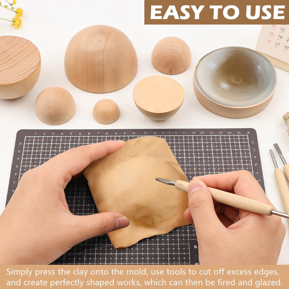 8 Pcs Half Round Pottery Tools Set, 8 Sizes Wooden Hemisphere Ceramic Top Tool, Pottery Plate Press Tool Clay Tools for Making Ceramic Bowls and Plates