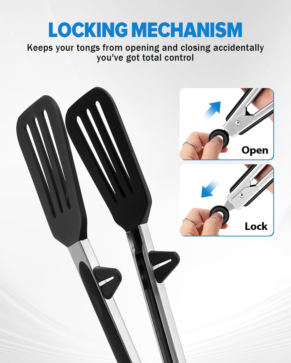 Kitchen Tongs for Cooking, Non Scratch Silicone Tip for Nonstick Cooking Pans, Food Grade Mini Serving Tongs, Pull Lock, Set of 3, Black (BLack, 9 inch)