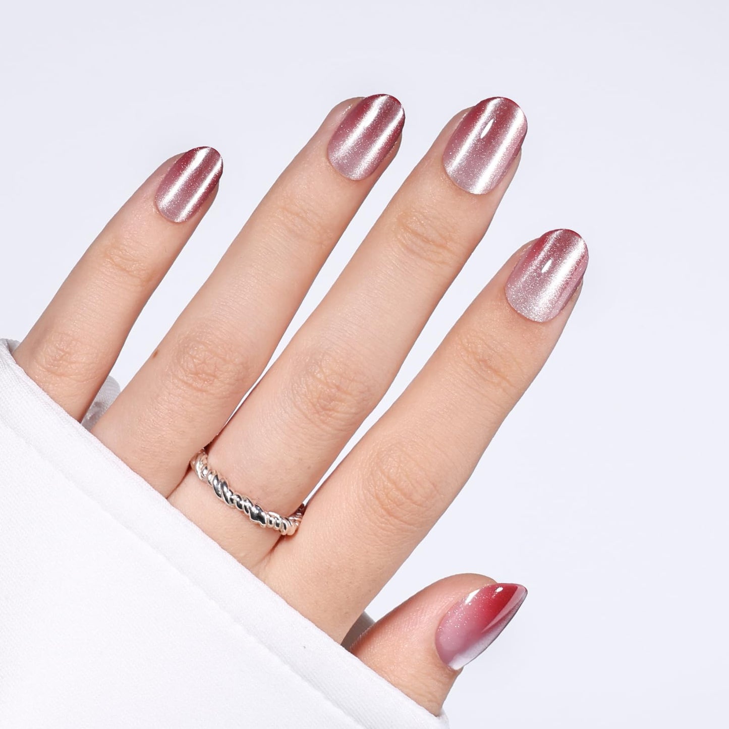 Light Berry Pink Cat Eye Press On Nails - Short Oval Ombre Cat Eye Fake Nails with Shimmer, Reusable Nails Press Ons for Women 32 Pieces 16 Sizes