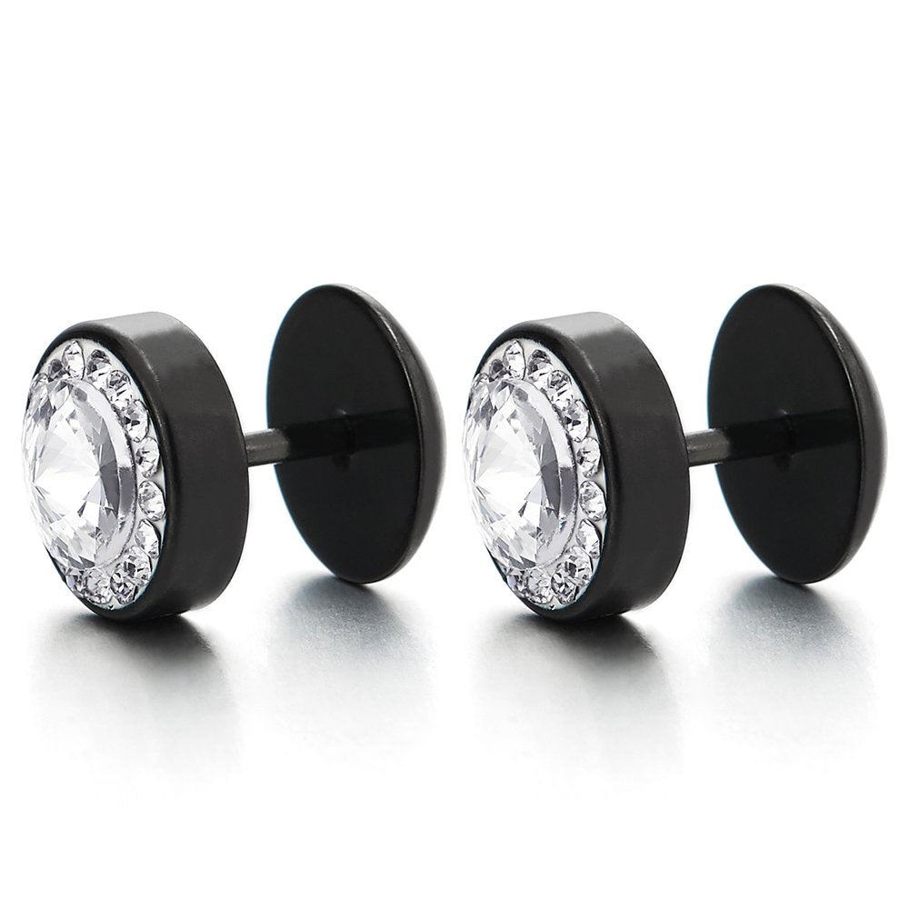 10mm Mens Women Black Circle Stud Earrings with Cubic Zirconia Steel Cheater Fake Plug Gauges Tunnel