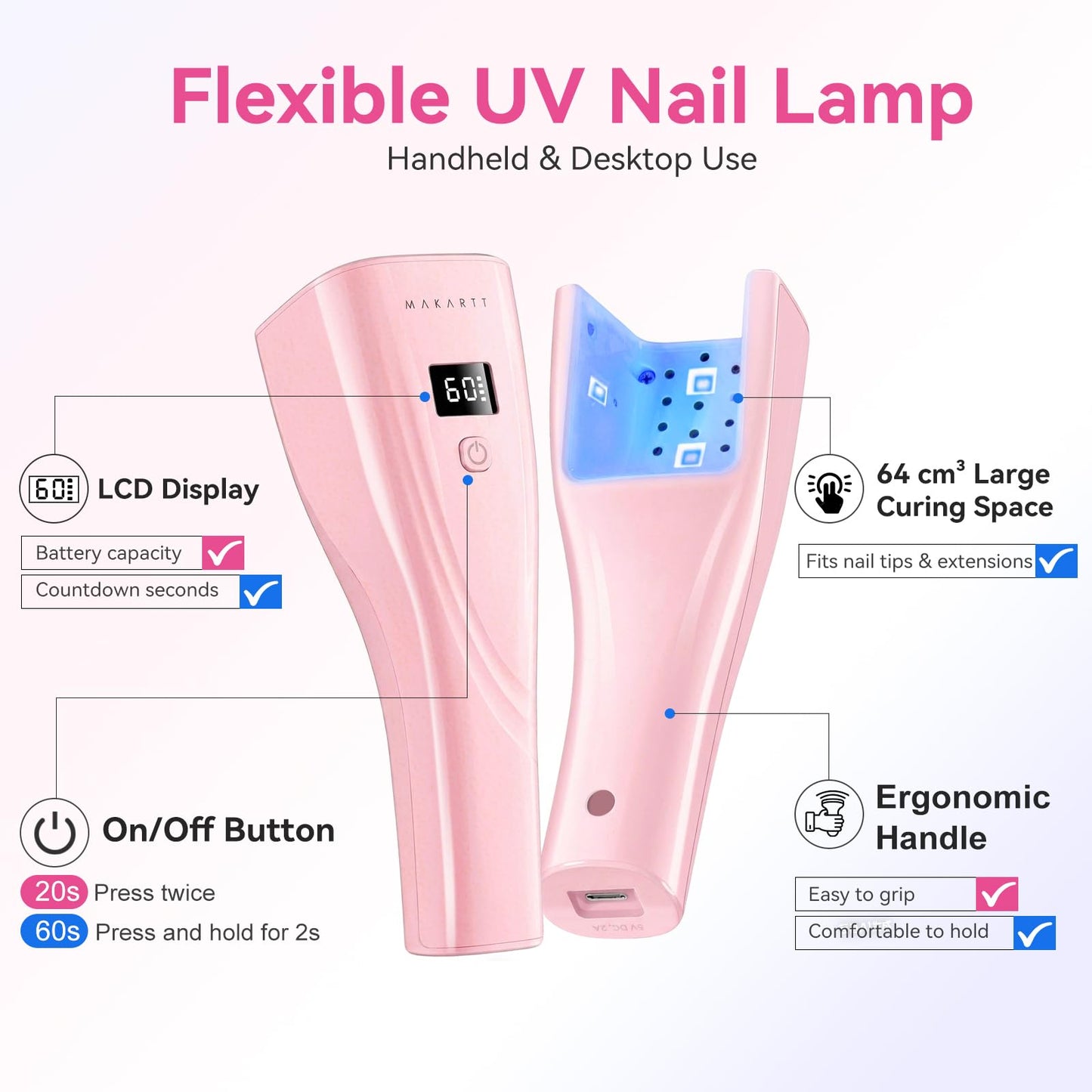 Makartt Flash Cure UV Nail Lamp, 3S Pre-Curing Portable Cordless UV LED Nail Light 222 mW/cm² for Rhinestone Glue & Poly Nail Gel, Rechargeable Nail Dryer with LCD Display, 2 Timers & Smart Sensor