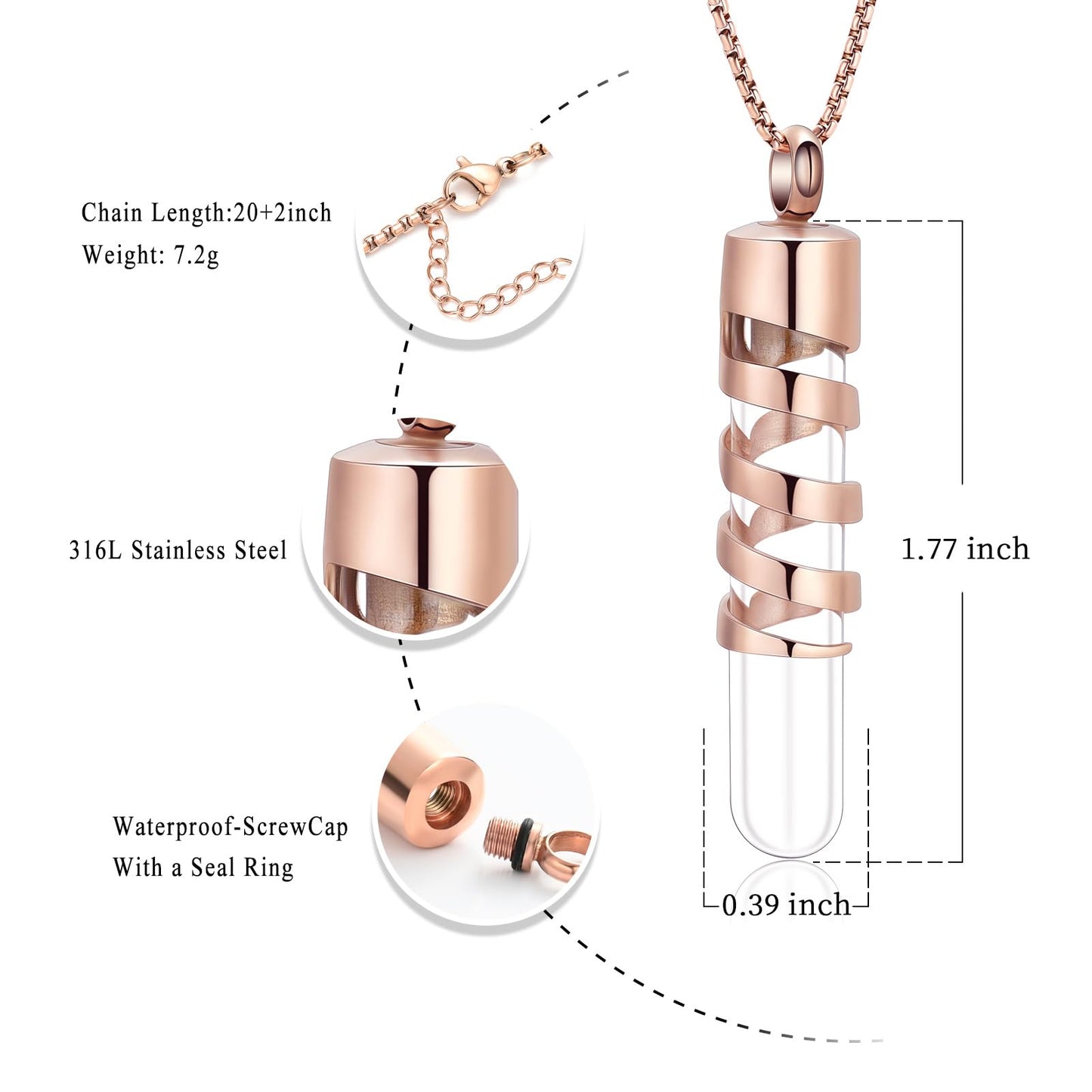 Oinsi Clear Glass Tube Cremation Urn Jewelry Ashes Holder Necklace Keepsake Memorial Pendant Including Box/Fill Kits (Rose gold)