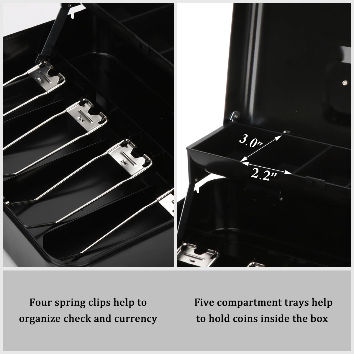 Jssmst Large Locking Cash Box with Money Tray, Lock Box with Security Cable Metal Money Box with Key Lock, Black, CB02304XL