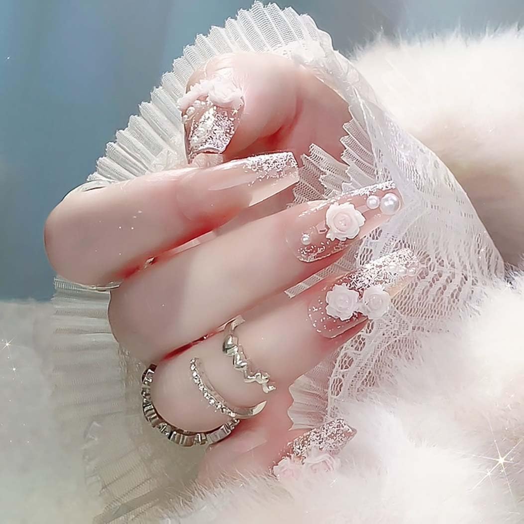 RikView Coffin Press on Nails Long Acrylic Nails White Nails with 3D Flowers Design Glossy Full Cover Nails for Women 24 PCs/Set