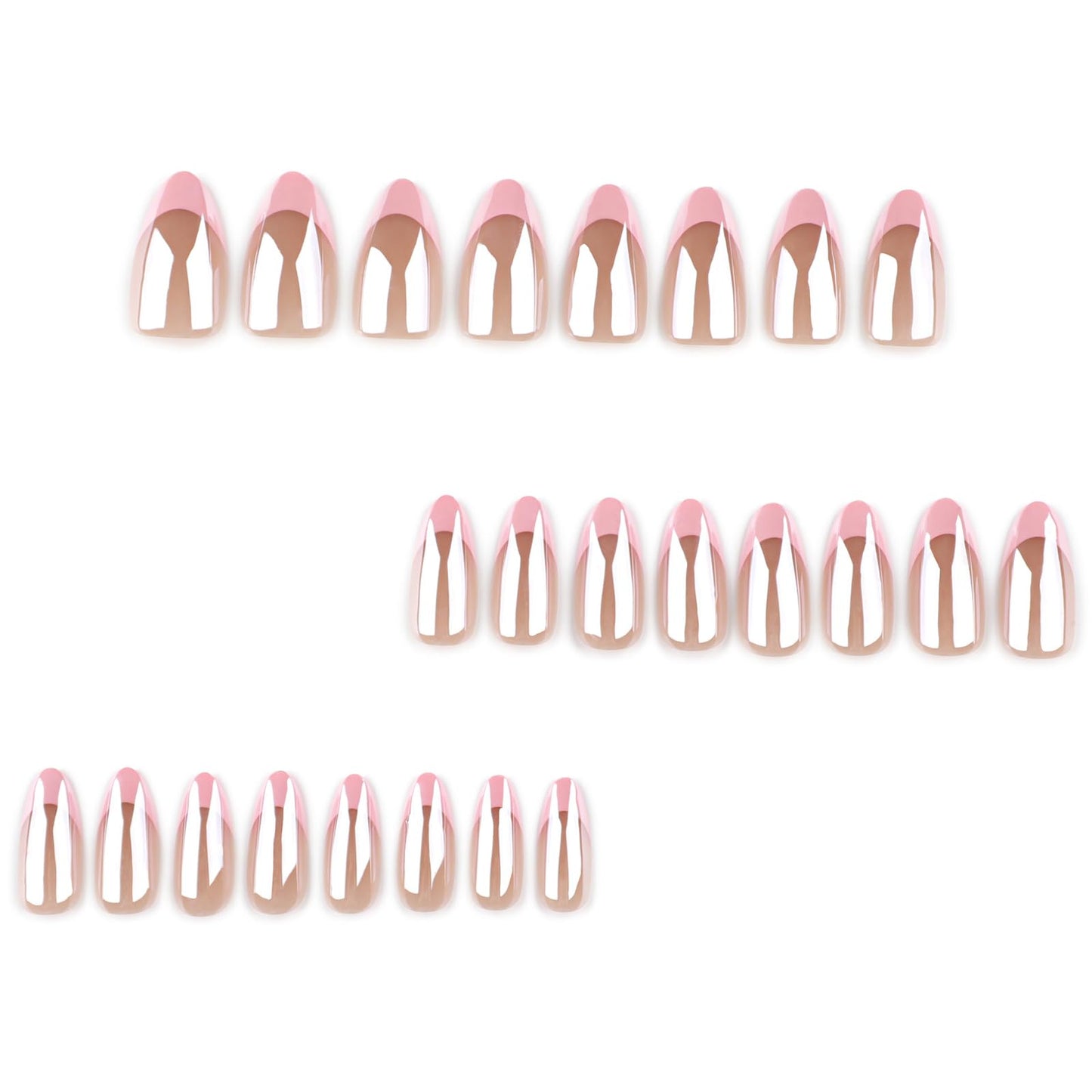 IMSOHOT Chrome Press on Nails Medium Almond Fake Nails Acrylic Pink French Tips False Nails Full Cover Glossy Nude Glue on Nails for Women 24Pcs