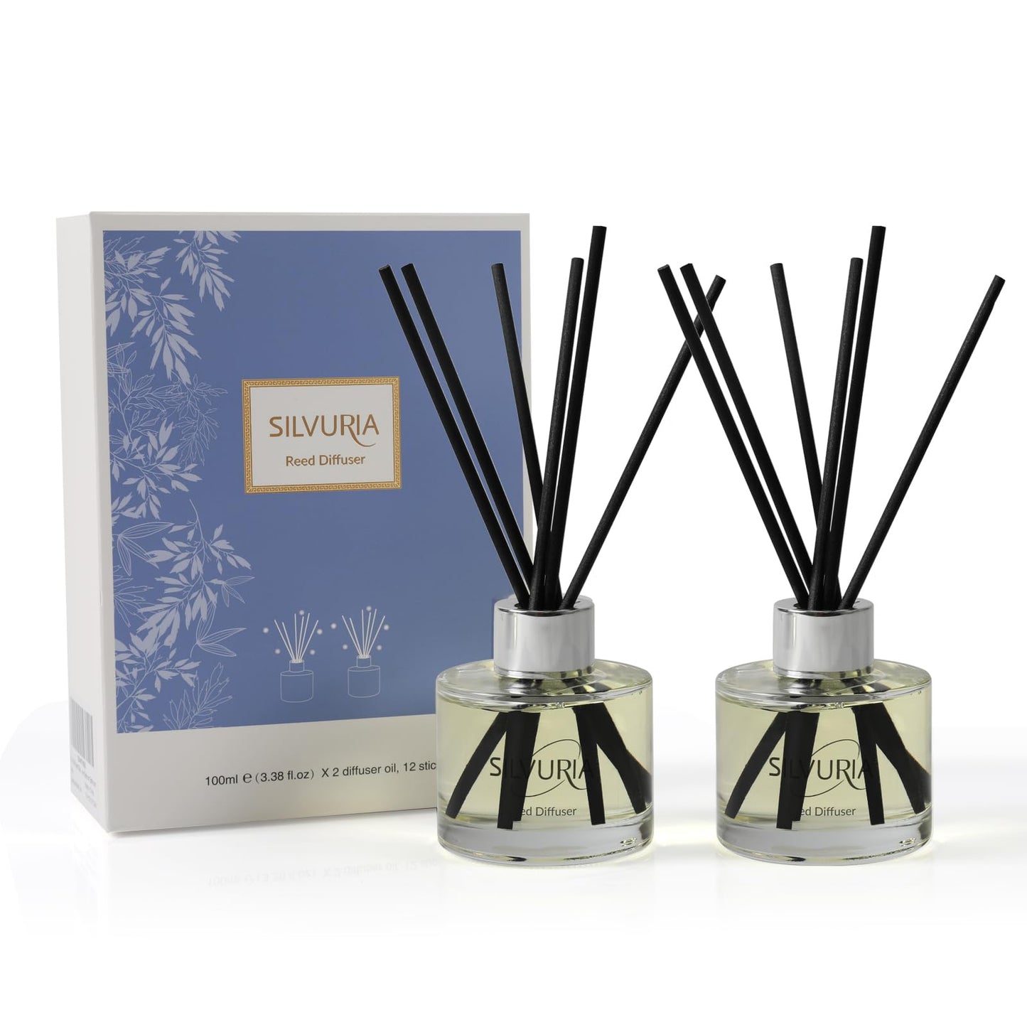 SILVURIA Reed Diffuser Set,2x100ml Bamboo Scented Oil Diffuser with 12 Reed Sticks,Long-Lasting Home & Office Fragrance for Living Room,Bedroom