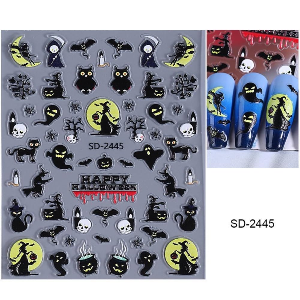 Halloween Nail Stickers Ghost Skeleton Nail Art Stickers 3D Self-Adhesive Butterfly Bow Nail Designs 5D Embossed Coffin Pumpkin Nails Supplies for Women Holiday DIY Manicure 5 Sheets