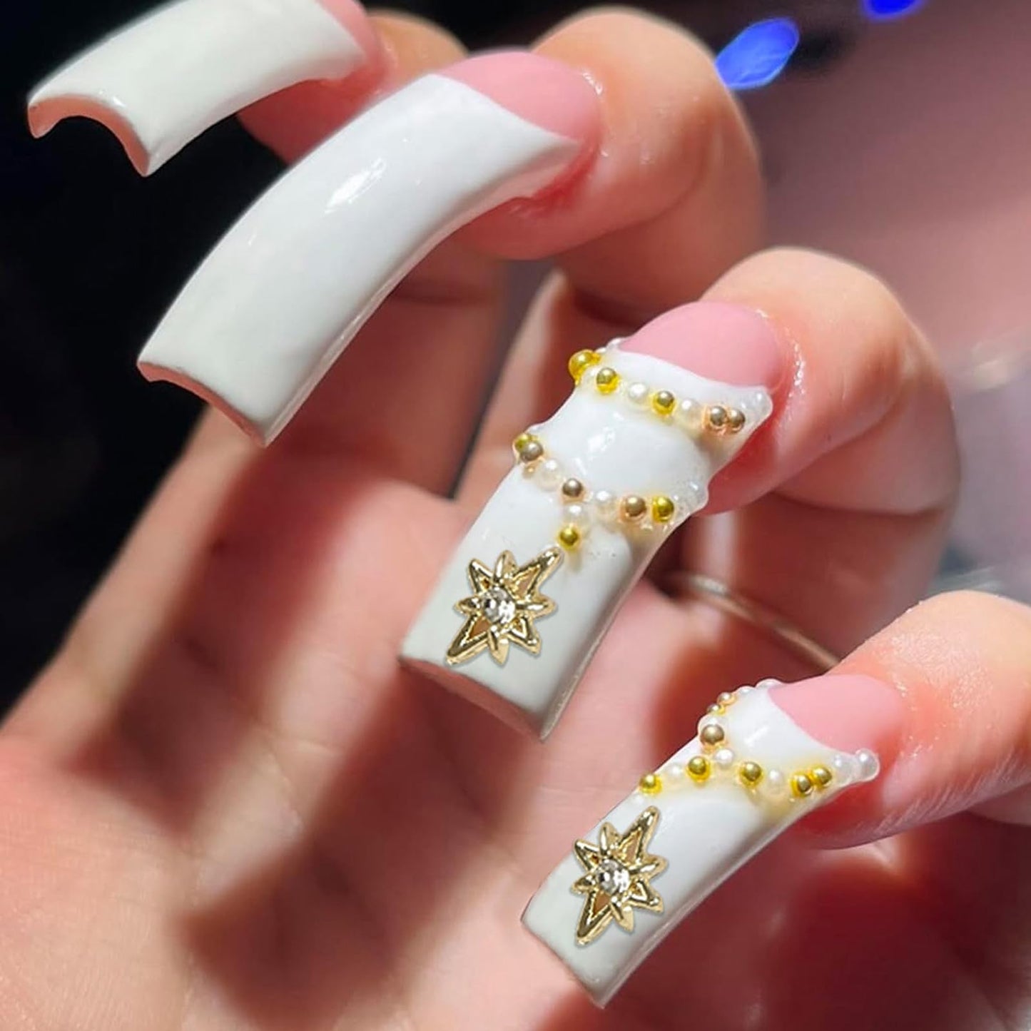 IMSOHOT Curved Press on Nails White French Tip Fake Nails Extra Long Square False Nails with Golden Charms Design Glossy Acrylic Full Cover Stick on Nails for Women Manicure 20Pcs
