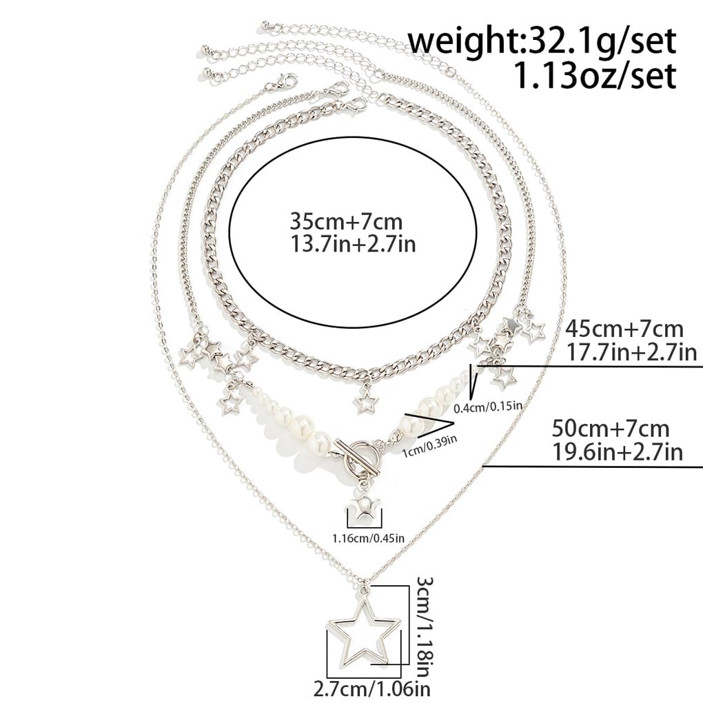 Stringex Layered Silver Y2k Star Pendant Necklaces Set for Women Stackable Stars Pearls Choker Necklace Adjustable Toggle Chain Necklaces Jewelry Accessories