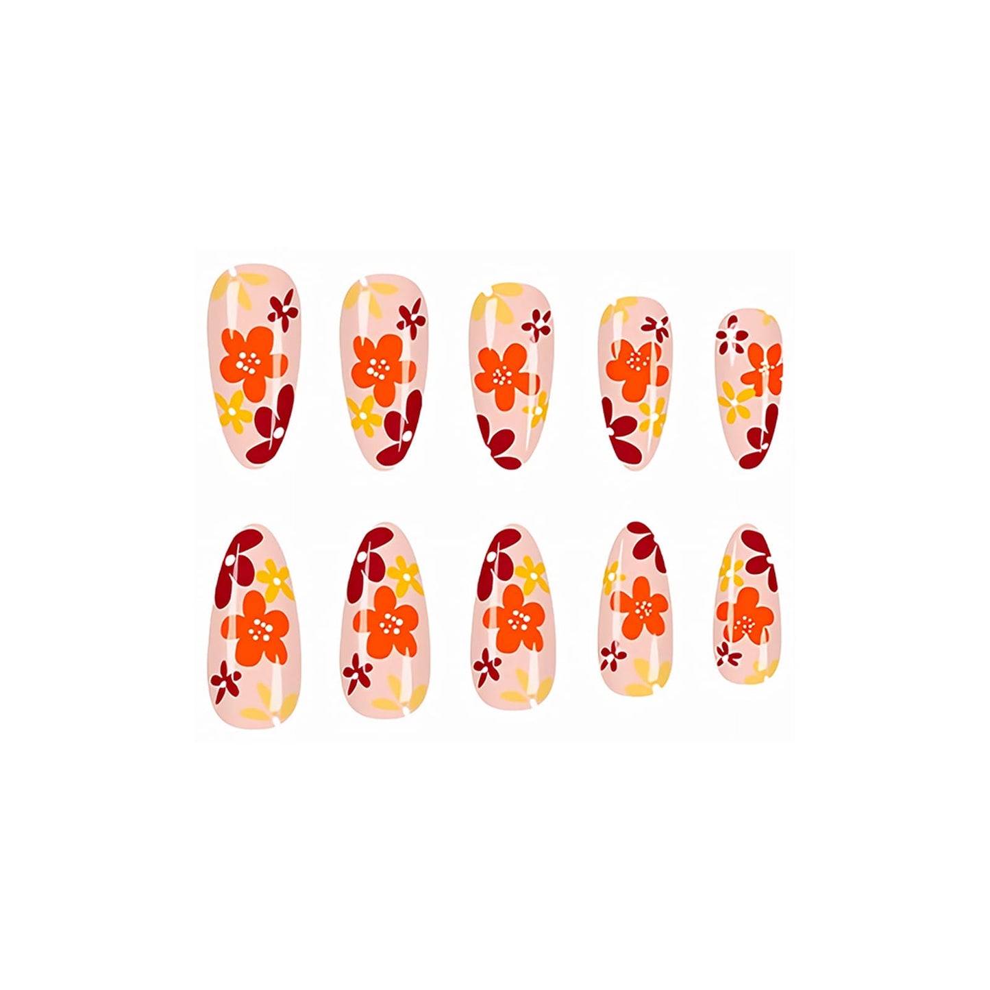 MISUD Press on Nails - Medium Almond Glue on Nails with Fall Brown, Acrylic Autumn Flower Design 24 pcs