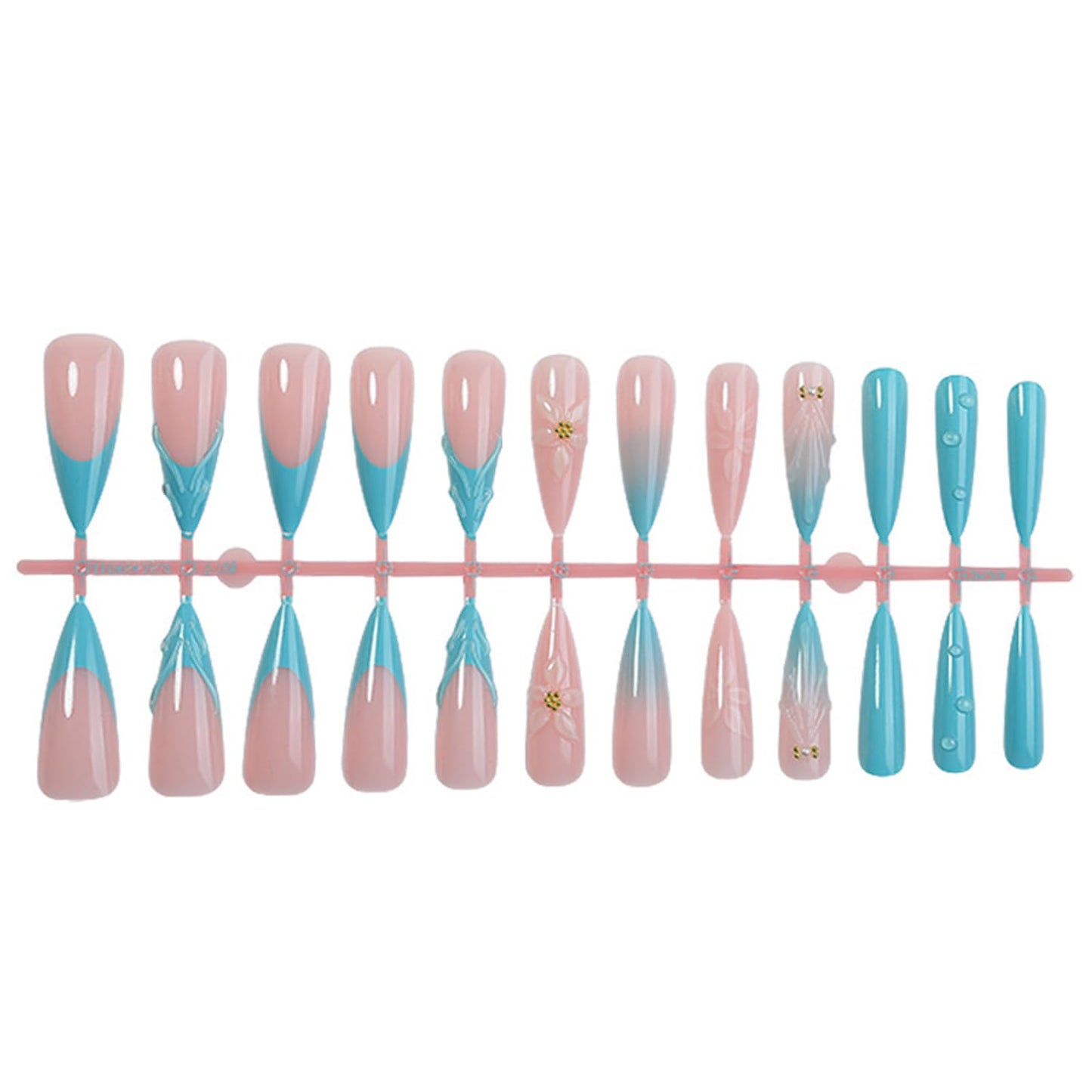 Long Stiletto Press On Nails French Tip Fake Nails Flower With 3D Wave Design Full Cover Blue Glue On Nail Reusable Acrylic Summer False Nails Glossy Artificial Stick On Nail For Women 24pcs