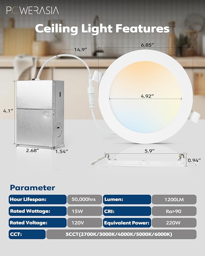 POWERASIA 12 Pack 6 Inch Ultra-Thin LED Recessed Ceiling Light with Junction Box, 5CCT Dimmable 2700K/3000K/4000K/5000K/6000K,15W 1200lm Can Killer Downlight-ETL and Energy Star Certified