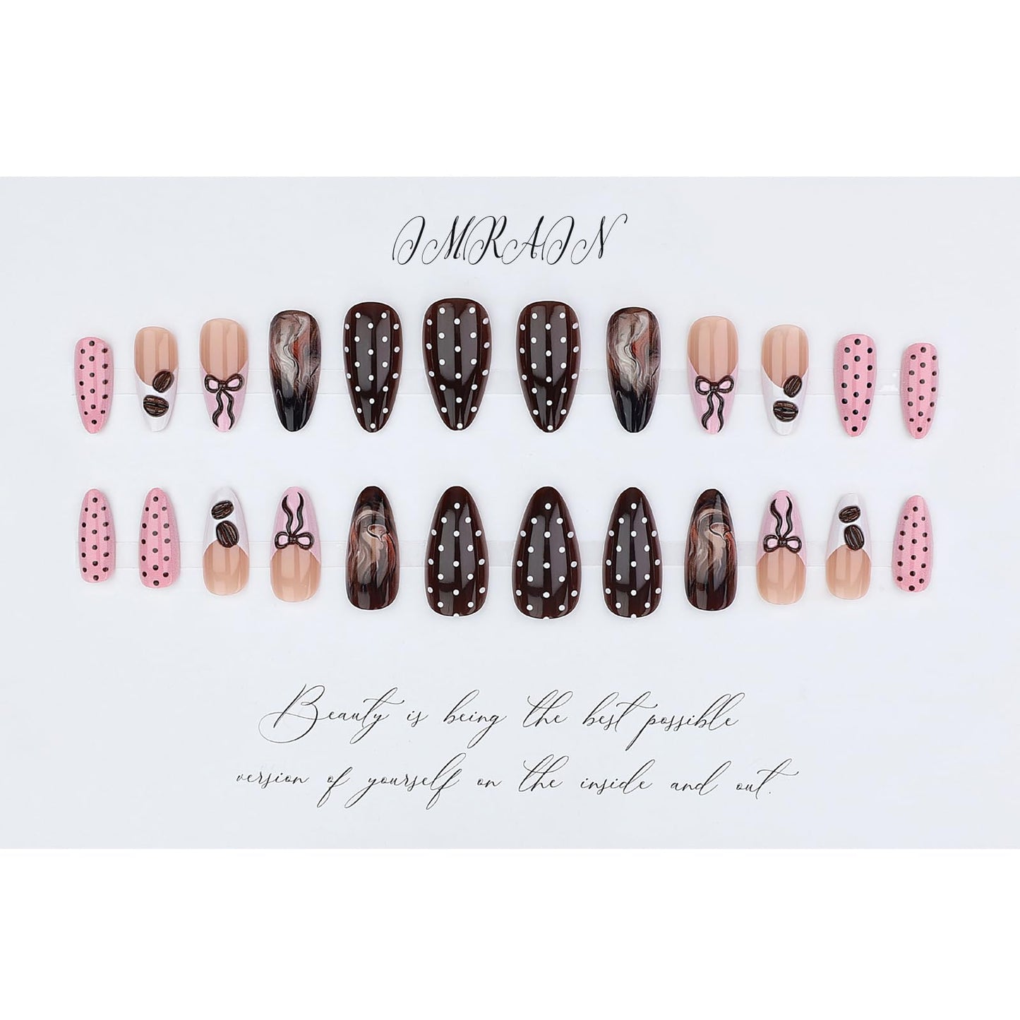IMRAIN Press on Nails Medium Almond Fake Nails - 3D Bow, Coffee Bean, Polka Dot Design | Pink Brown Glossy Acrylic False Nails Cute French Tip Glue on Nails for Women