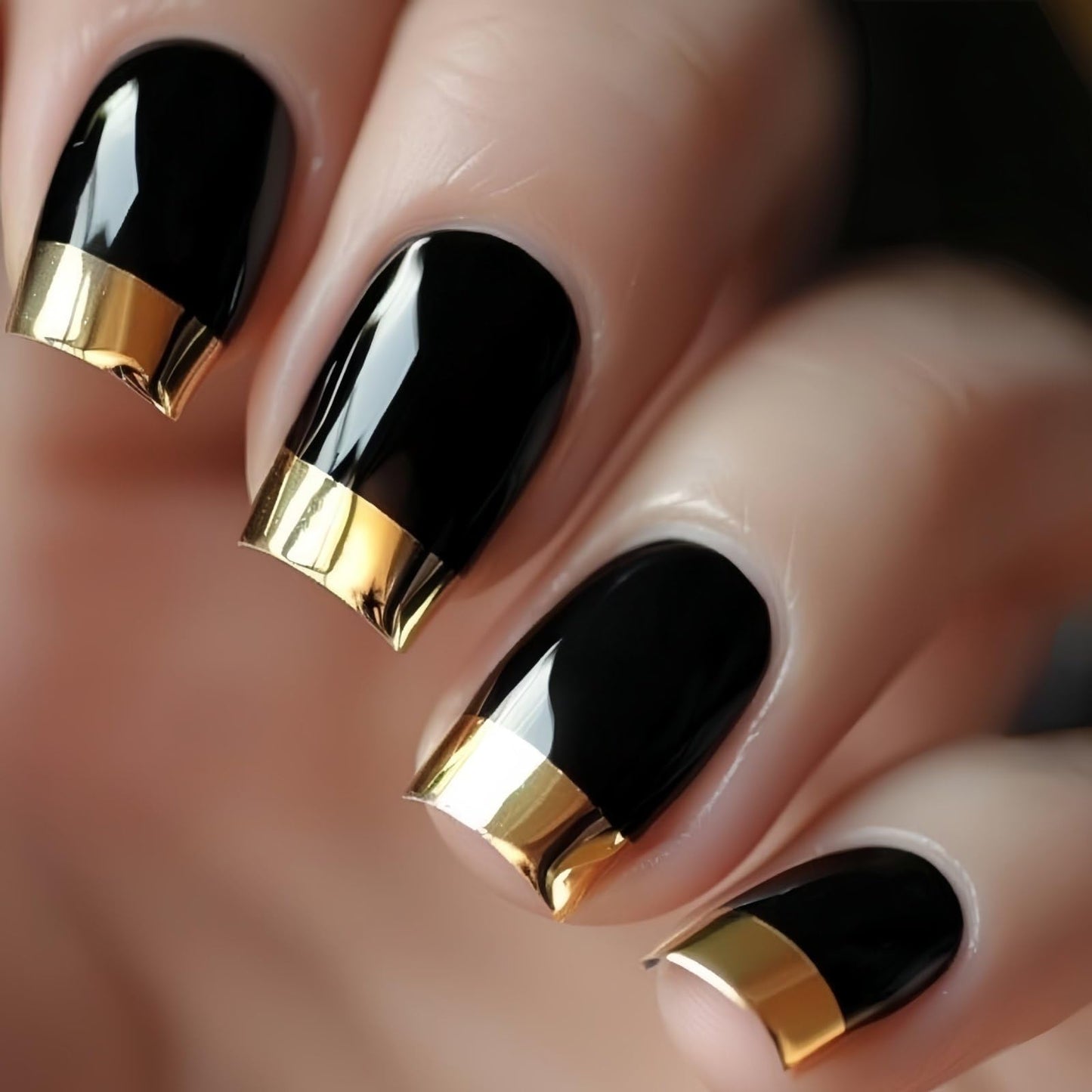 French Tip Press on Nails Square Shape Fake Nails Medium False Nails Gold Nail Tip Black Acrylic Nails Full Cover Glossy Stick on Nail Spring Summer Holiday Glue on Nails for Women Manicure 24 Pcs