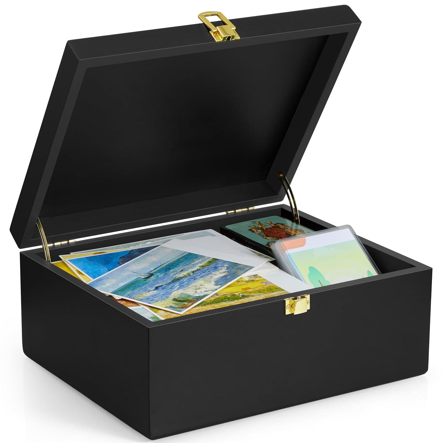 DRASTAR Large Wooden Keepsake Box, Black Memory Box, Decorative Storage Box with Hinged Lid, Large Card Box