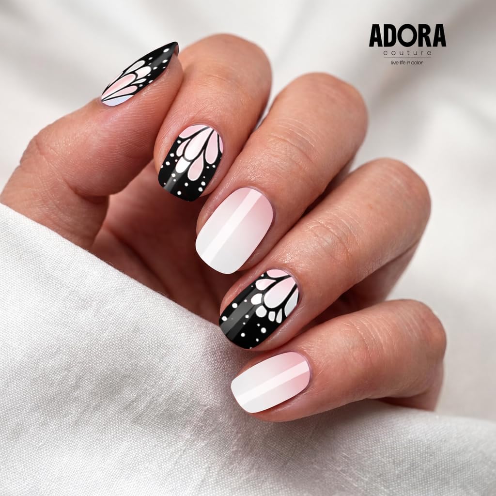 Adora Couture Semi Cured Gel Nail Strips with 30 Pieces - UV Gel Stickers, Manicure Kit, Easy Application Wraps Includes Prep Pads, Nail File, Wooden Stick - UV Light Required (Night Moth)