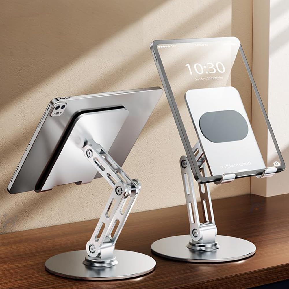 Adjustable Tablet Stand for Desk,for ipad Stand,for 4.7-12.9 Inch Devices,360° Rotating Aluminum Alloy,Silver Compatible with ipad Tablet Kindle TAB Surface Cell Phone Stand Holder for Desk