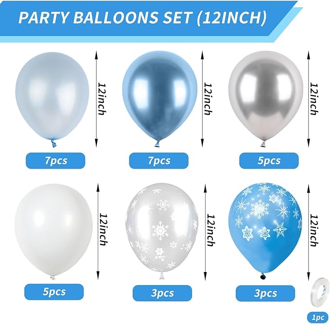 Snowflake Balloon, 12 Inch Ice Snow Blue White Balloons Pearl blue Metallic Blue Silver for Winter Wonderland Theme Snow Party Baby Shower Party Birthday Party Decorations