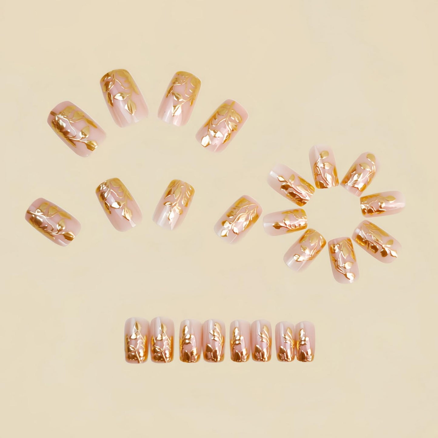 24pcs Medium Press on Nail Square Fake Nails with Gold designs 3D Leaf Pattern Stick on Nail Full Cover Luxury Press ones Acrylic False Nails Reusable Glue on Nails for Women Manicure Accessories