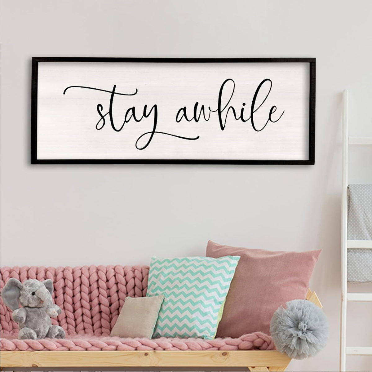 Stay AWhile Sign Wall Decor Sign 40"X15" Large Living Room Entryway Wood Framed Rustic Wall Decor for Vintage Farmhouse Foyer Hanging Lets Stay Home Wall Art (Black)