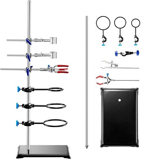 VEVOR Lab Stand Support, Laboratory Retort Support Stand Set, Steel Lab Stand 23.6" Rod and 8.3" x 5.7" Cast Iron Base, Includes Flask Clamps, a Burette Clamp and Cross Clamps