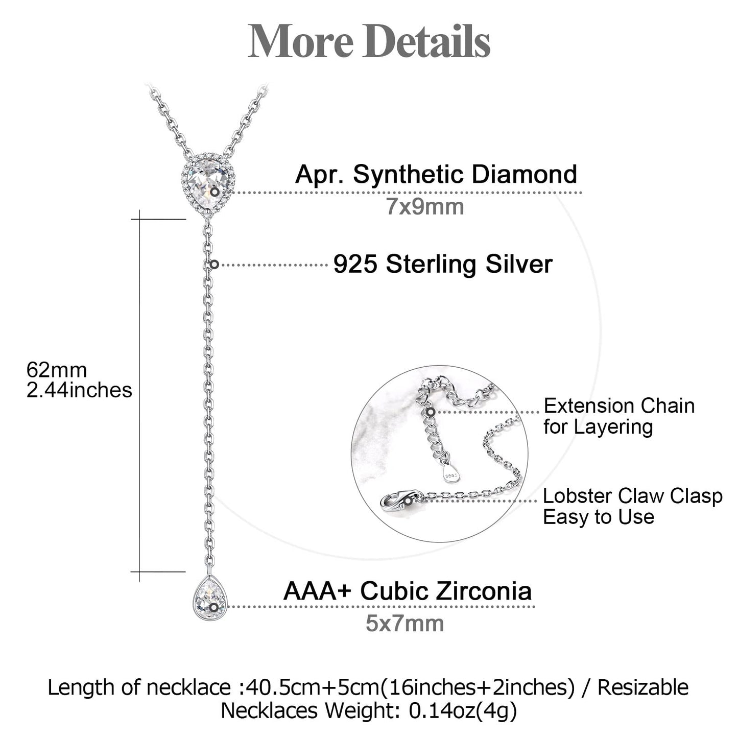 FOCALOOK 925 Sterling Silver CZ Teardrop Lariat Necklace 16"-18" Y Drop Adjustable Birthstone Necklaces for Women