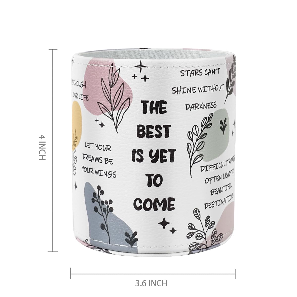 WAVEYU Desk Pen Holder Organizer Cute, Pencil Holder Cup, Makeup Brush Holder Large Pu Leather, Multi-Functional Organizer for Office, for Teens Adults Student, Inspiring Words Pattern
