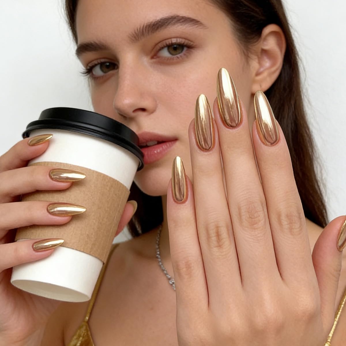 FJSMTOPl Gold Press on Nails Almond Fake Nails Metallic False Nails Press ons Christmas Acrylic Glue on Nails Medium Artificial Stick on Nail for Women Manicure 24Pcs