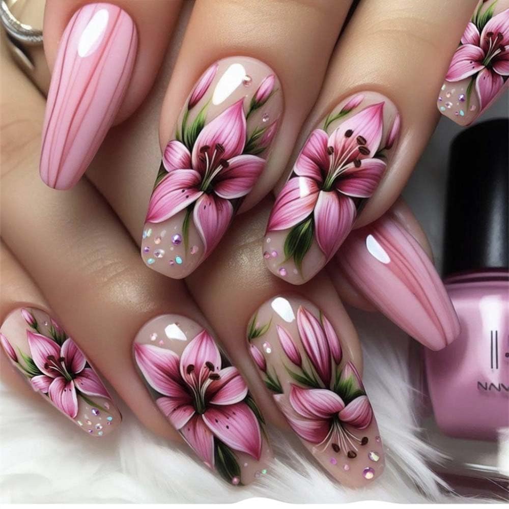 Coffin Press On Nails Long Pink False Nails With Flower Design Full Cover Acrylic Artificial Spring Glossy Reusable Stick On Nail Glue On Nail For Women Manicure Art 24pcs