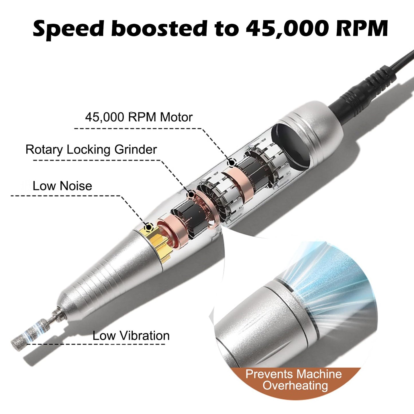 45000RPM Electric Nail File Drill Professional Kit, Drill Machine Manicure Pedicure Polishing Acrylic Gel Nail Grinder for Salon, Home Use