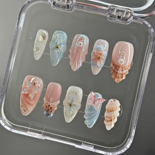 Maglfell 10 Pcs Handmade Press on Nails - Medium Almond Acrylic Nails Blue French Tips Stick ons 3D Summer vacation Fake nails for Women (Size M)