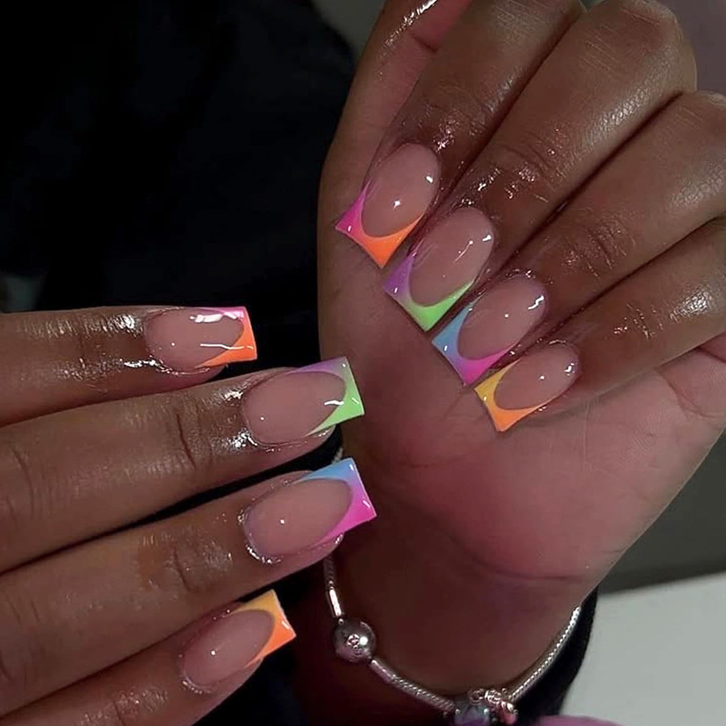 MISUD Press on Nails - Short Square Glue on Nails with Colorful French Tip, Acrylic Summer Rainbow Design 24 pcs