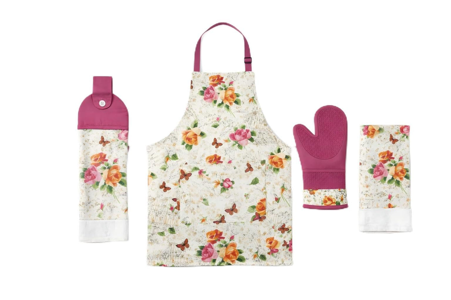 HOMETYGER Complete 4-Piece Set – Includes apron, heat-resistant oven mitt, dish towel, and an extra matching hand towel for everyday kitchen use (Pink Floral)