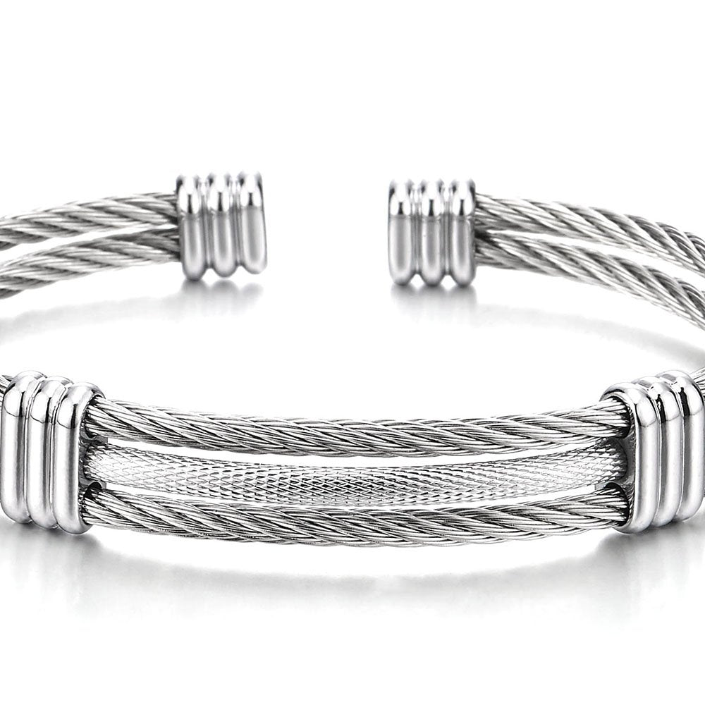 COOLSTEELANDBEYOND Men's Stainless Steel Cable Wire Cuff Bracelet With Twisted Rope Design, Minimalist Open Bangle, Adjutable, Two Strand Wrist Accessory