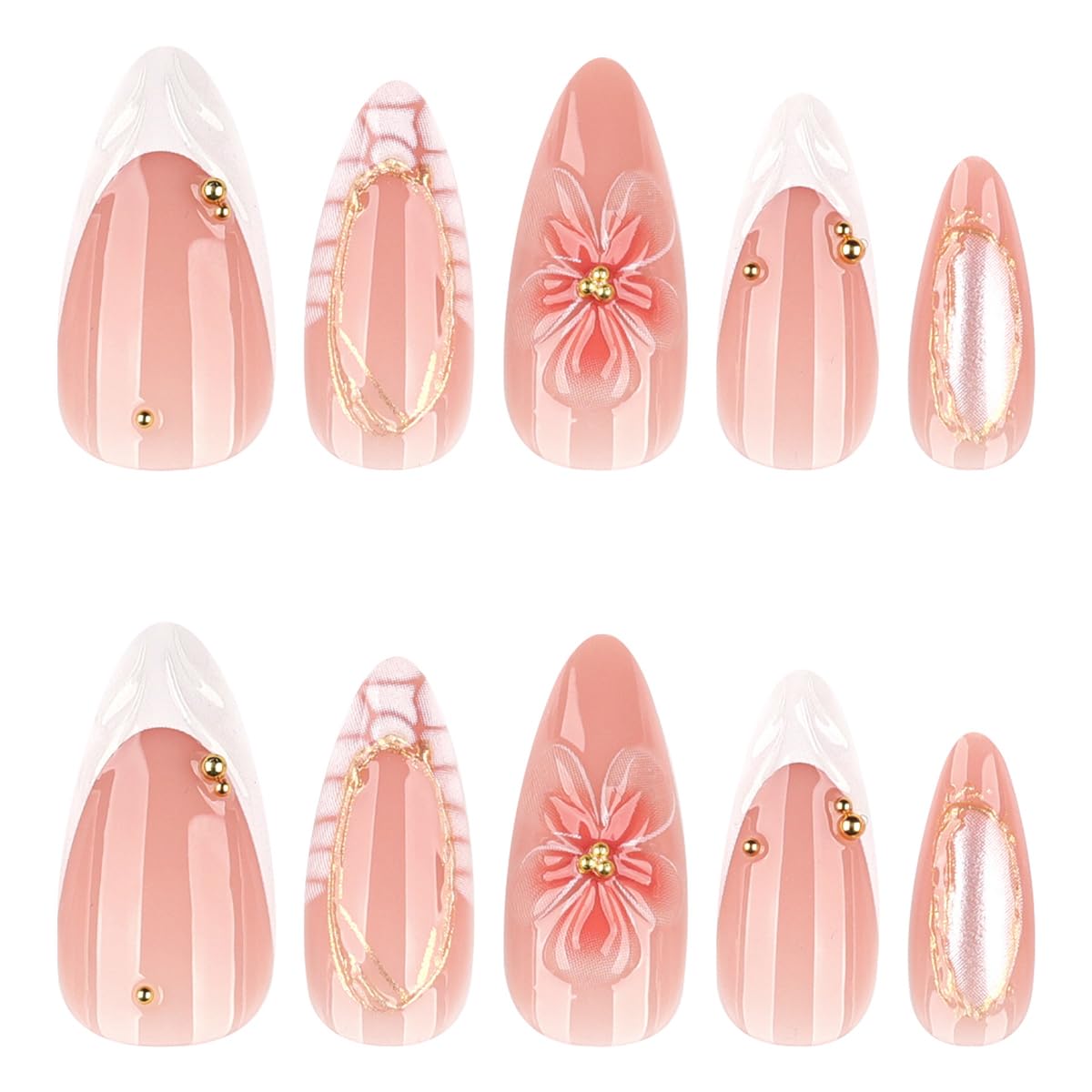 Summer Press on Nails Almond Fake Nails Gold Medium Nails Press ons with 3D Flower & Shell Texture Design Artificial Acrylic Nails Reusable Full Cover Glue on Nails for Women Manicure 24Pcs