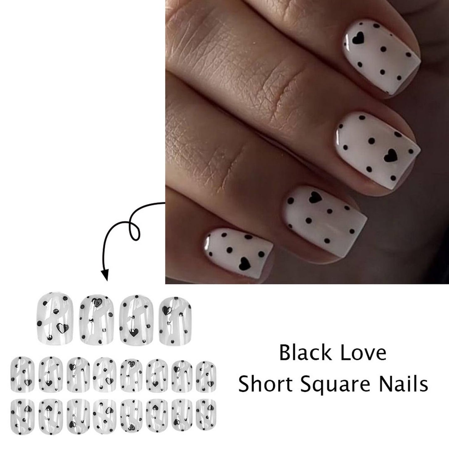 Valentine's Day Press on Nail Short Square Fake Nails with Polka Dot Heart designs White Black False Nails Glossy Full Cover Acrylic Press ones Reusable Glue on Nails for Women Girls Manicure24pcs