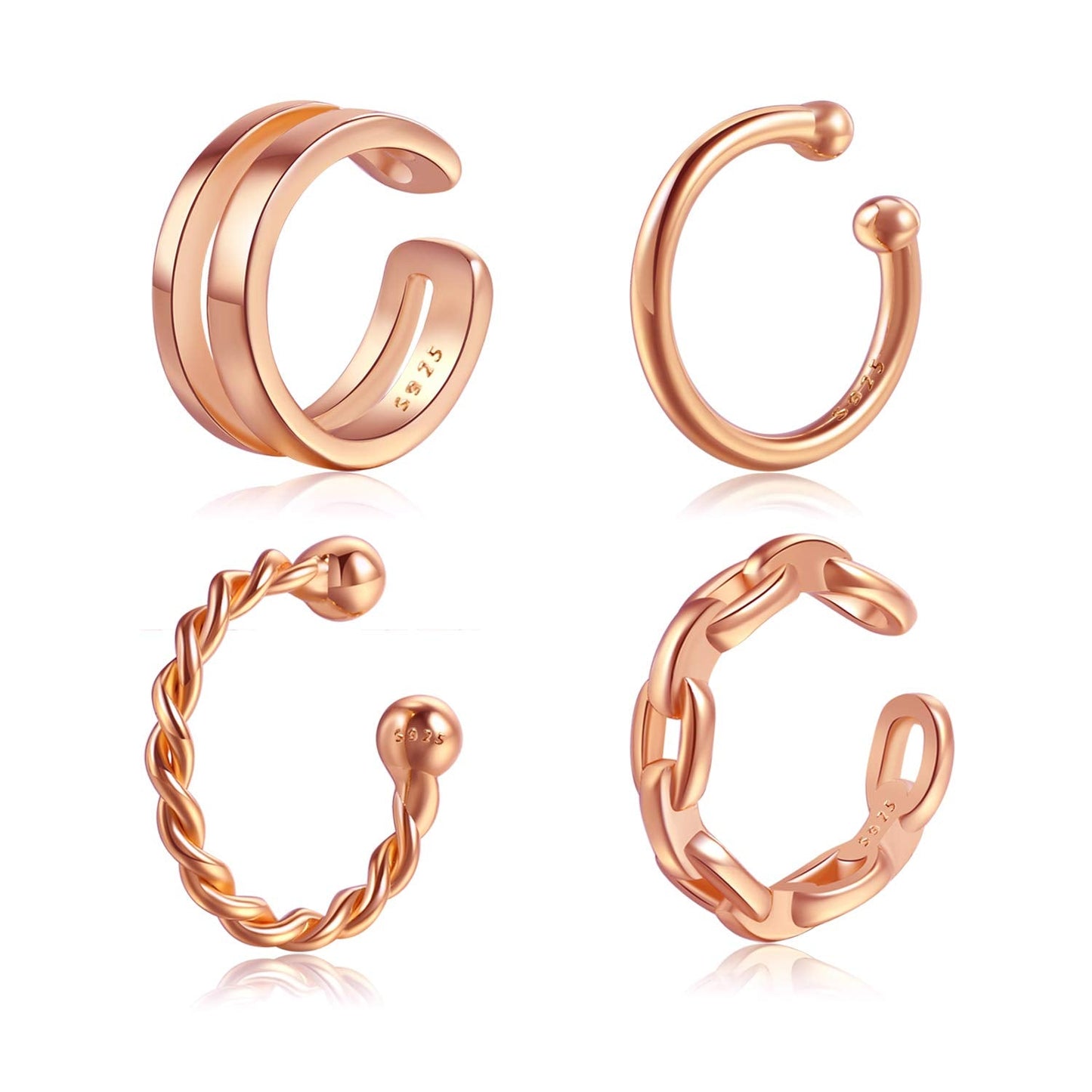 Ear Cuffs 18K Rose Gold Plated 925 Sterling Silver Cuff Earrings for Women Non-Piercing Cartilage Earrings