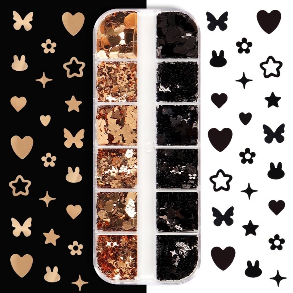 Black Gold Nail Glitter Cute Butterfly Nail Sequins 3D Hearts Nail Flakes Sparkling Flower Glitter Flakes Mixed Shape Star Nail Art Glitter Shiny Nail Sequins Glitter for Nails Art 1 Box 12Grids