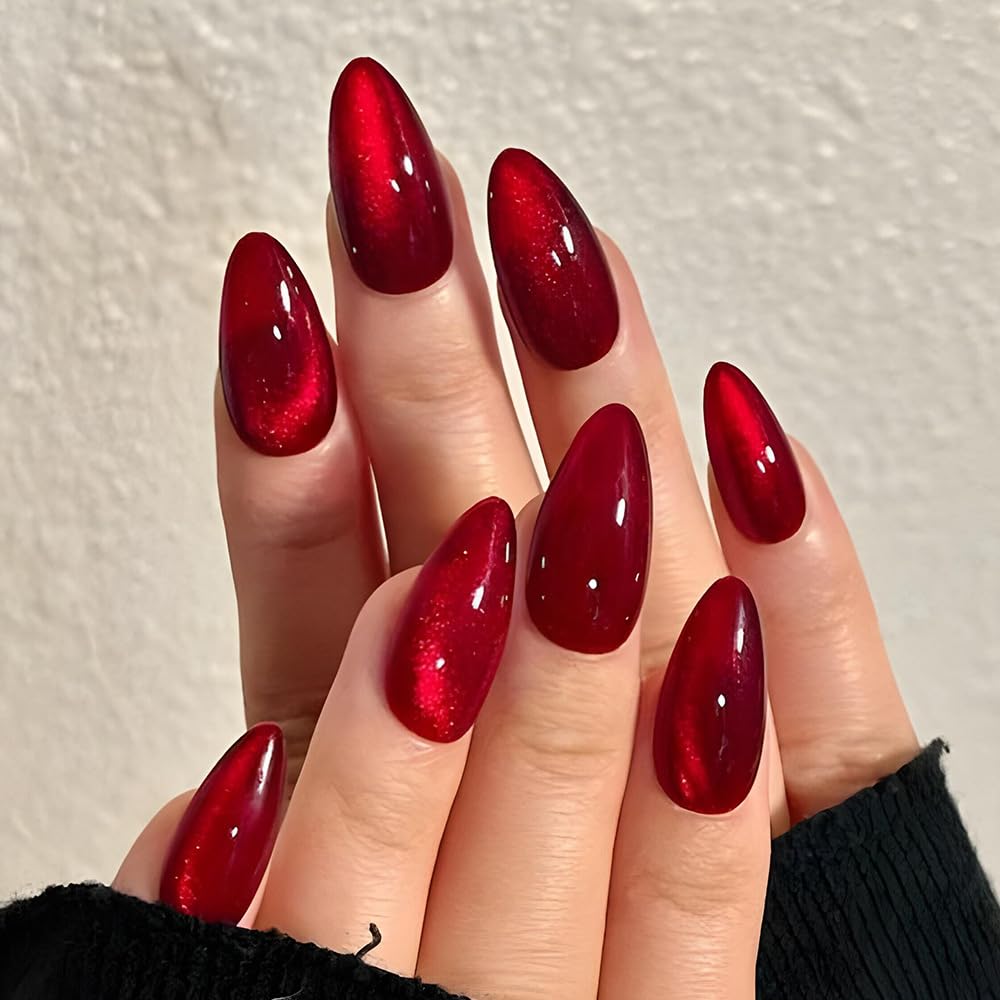 Cherry Red Sparkling Press on Nails Medium Almond Fake Nails Solid Red Color False Nails Reusable Glossy Artificial Nails Sparkly Shiny for Women Girls Daily Wear Manicure 24Pcs