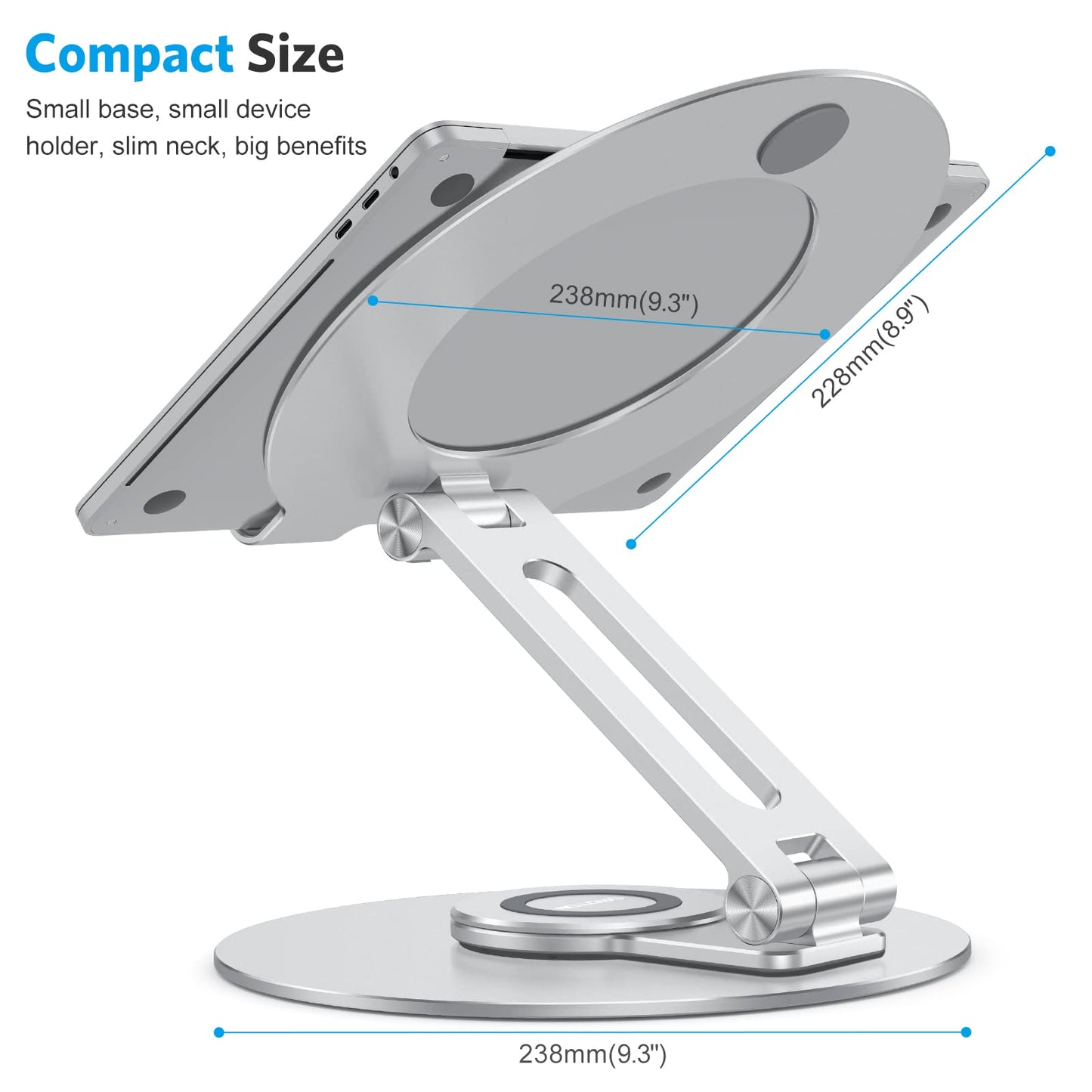 OMOTON Adjustable Laptop Stand with 360 Rotating Base, Ergonomic Laptop Riser for Collaborative Work, Dual Rotary Shaft Fully Foldable for Easy Storage, Fits All Laptops up to 16 inches, Silver