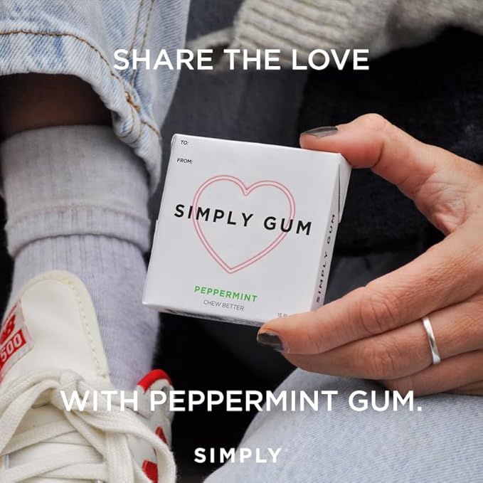 SIMPLY Gum Peppermint, Plastic-Free Natural Chewing Gum, Heart Box 6 Pack (90 Pieces) | Vegan, Kosher, Non GMO, Aspartame Free and Sorbitol Free