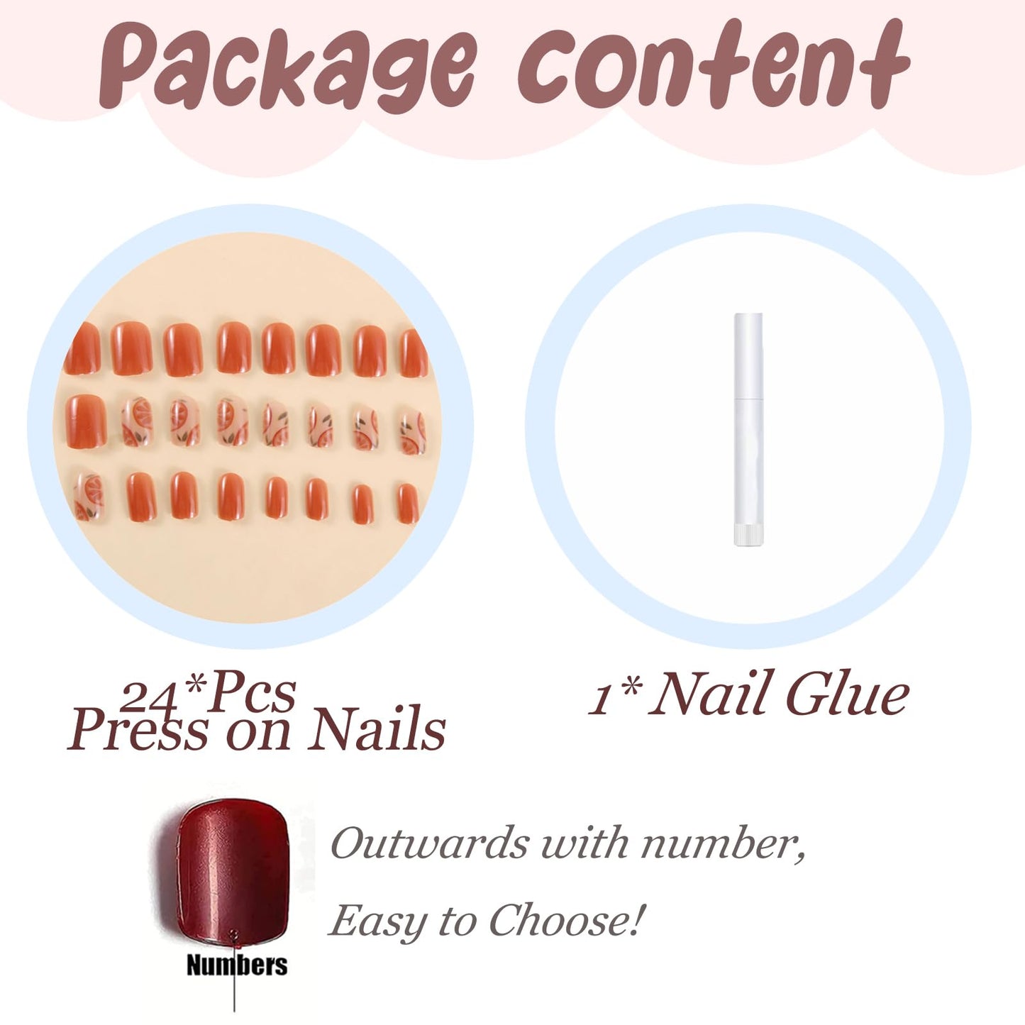 BABALAL Press On Nails, Short Square Fake Nails, Orange Summer, Fruit Pattern,Glossy Full Cover Glue On Nails For Women And Girls 24Pcs