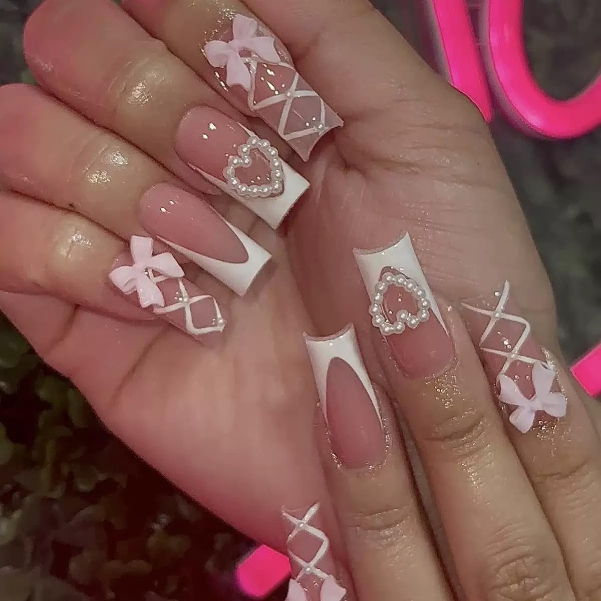Medium Press on Nails Square - White French Tip Fake Nails with Bow Line Design - Pearl Heart False Nails Press ons - for Women 24 Pcs