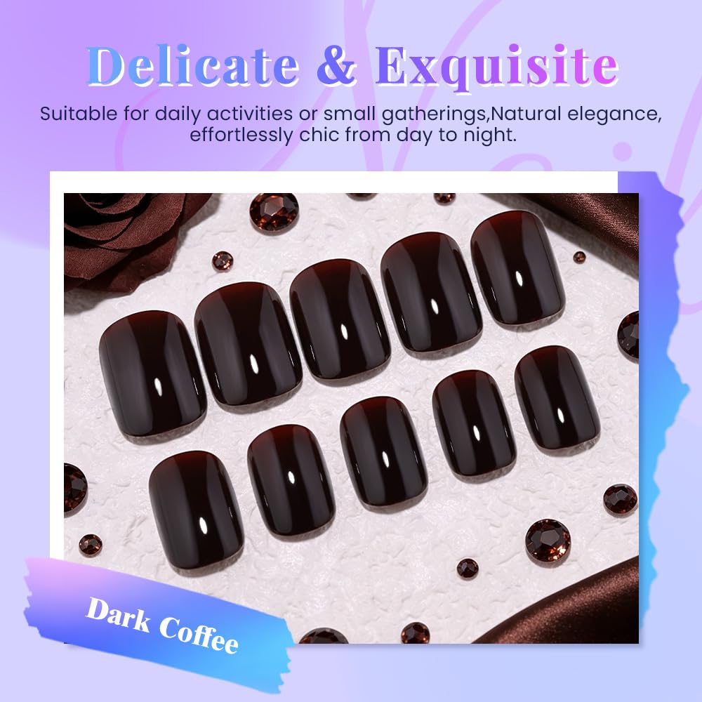 evpct Dark Coffee Glossy Squoval Short Press on Nails for Women, Coffee Extra Short Squoval No Glue Stick on Nails with Kit, Reusable Full Cover Soft Press on Fake Nail Salon-quality Perfectly Fit