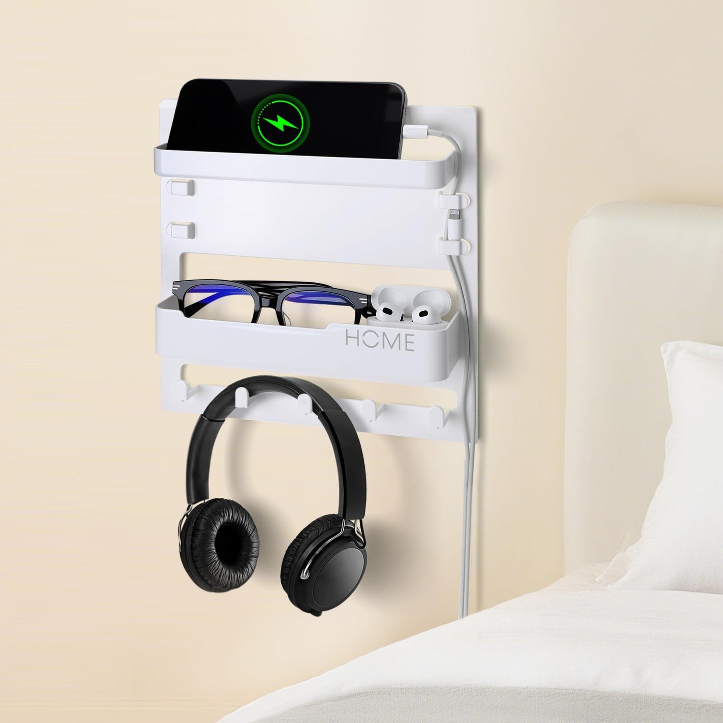 Bedside Wall Organizer Shelf for Bedroom Accessories - Adhesive Bedside Caddy Storage with Cable Clips, Teen Room Decor Essentials
