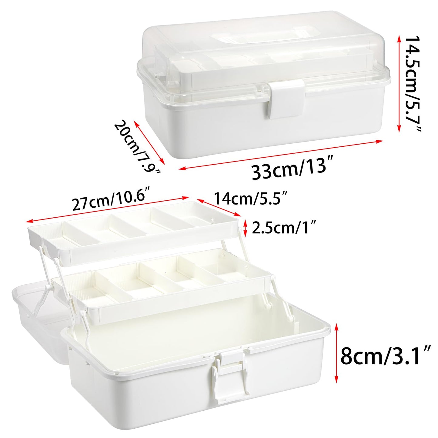 BTSKY 3-Layer Plastic Dividing Storage Box Craft Organizer with Adjustable Spacers Portable Handled Art Supply Organizer Multipurpose Home Utility Box for Medicine Box Sewing Box (Beige White)