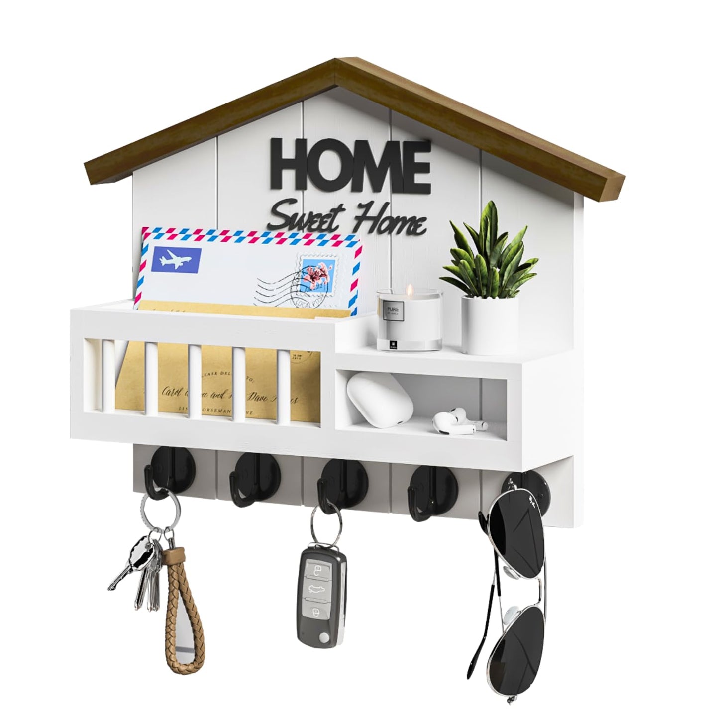 FERAHI Key and Mail Holder for Wall, Wall Key Holder with Shelf, Key Rack Wall Mount, Wood Key Holder Wall Mount White, Mail Organizer Wall Mounted, Entryway & Front Door Key Holder with 5 Hooks