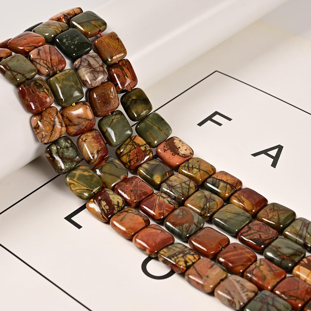 Land Long 28-31Pcs 12mm Natural Red Creek Jasper Bead, Large Flat Square Picasso Regalite Jasper Stone Beads for Jewelry Making Crafts Bracelets