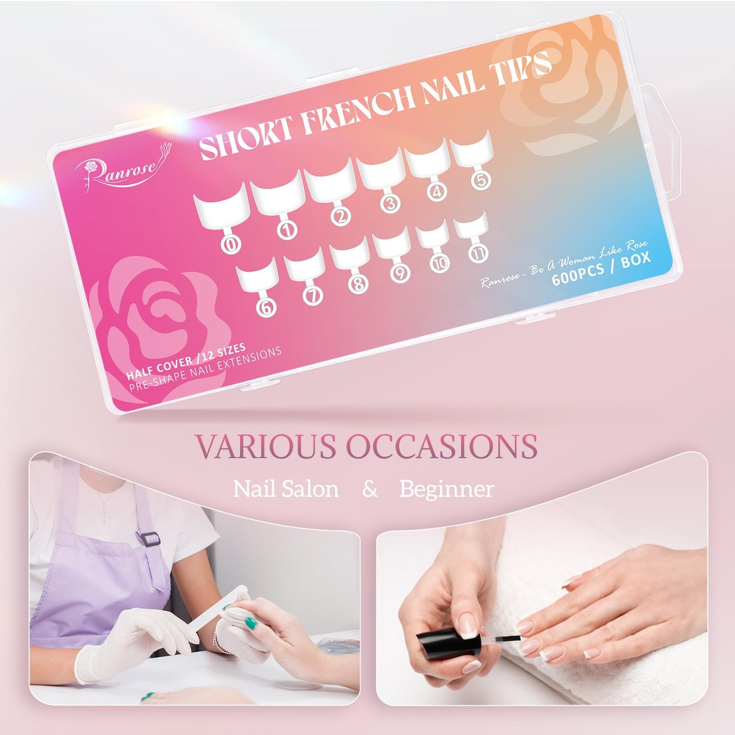 Ranrose 600PCS Short French Style False Nails Half Cover Nails Tips,White Short Acrylic Extension Finger Nail 12 Sizes with Box